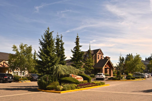 Entrance to parking lot, Lodge sign