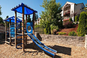 Blue playground, slide, climbing equipment