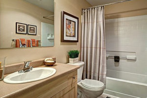 Neutral beige bathroom, bathtub and shower, large mirror