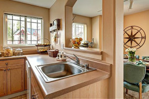 Kitchen sink, natural light, brown countertops, window looking into dining area