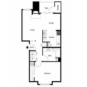 1 bed 1 bath floor plan, kitchen, dining, living, deck and storage, washer and dryer, 2 closets